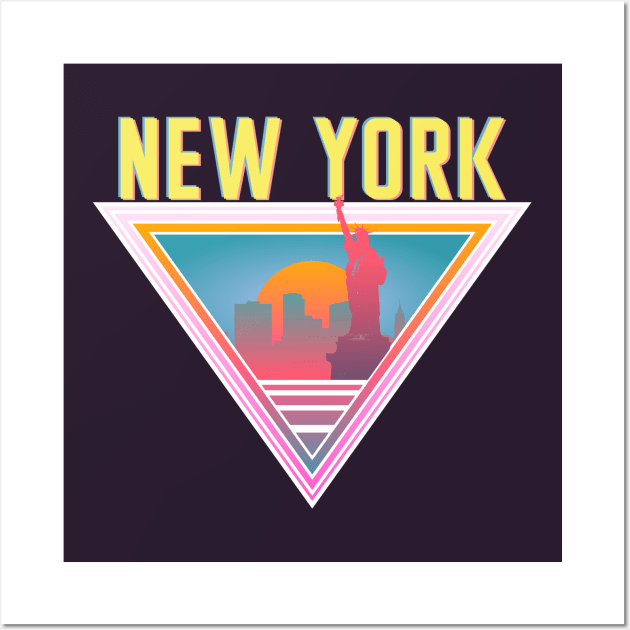 New York City Skyline Silhouette Sunrise Retro 80's / 90's Vaporwave Aesthetics - Bright Vintage Design For Sunny Summer Days Wall Art by KritwanBlue
